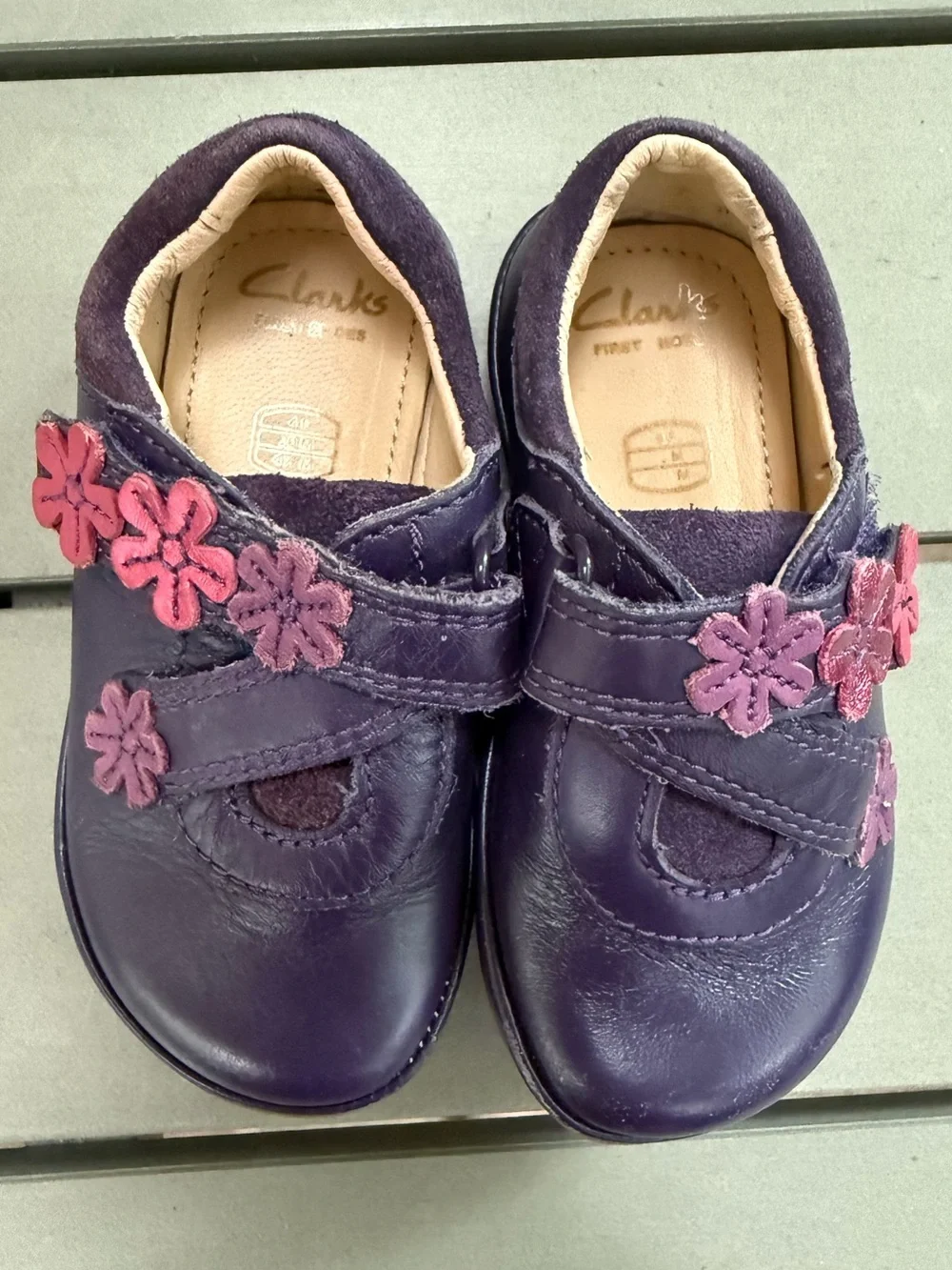 Clarks Kids Purple Leather Mary Jane Shoes with Pink Flower Accents, 4.5 month